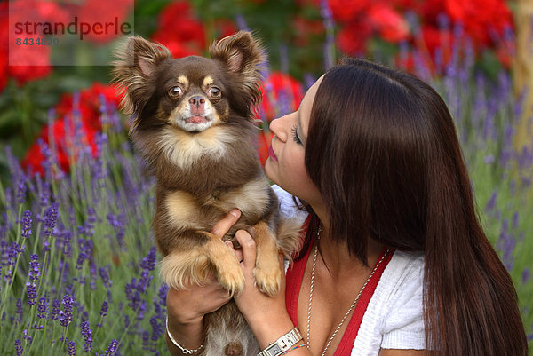 niedlich  süß  lieb  Europa  Frau  Blume  Humor  Tier  Hund  braunhaarig  Garten  jung  Mädchen  Welpe  Schweiz