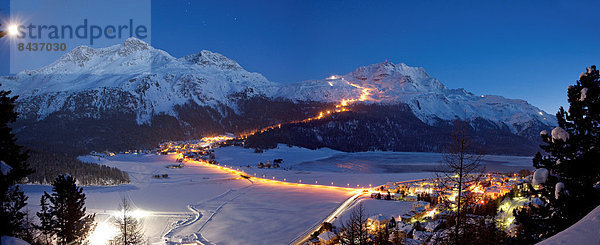 Panorama Europa Winter Dunkelheit Nacht Beleuchtung Licht Skisport Ski Mond Kanton Graubünden Engadin Schweiz