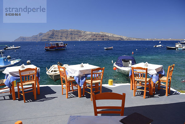 Europa Ufer Reise Boot Meer Restaurant Insel Griechenland Santorin Kykladen griechisch Thira Tourismus