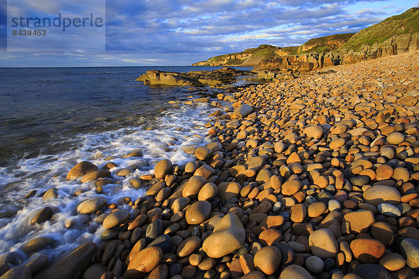 Felsbrocken  Wasser  Europa  Stein  Strand  Abend  Sonnenuntergang  Großbritannien  Steilküste  Küste  Meer  Moray  Schottland