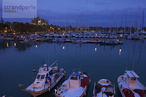 Außenaufnahme  Baustelle  Hafen  Europa  Gebäude  niemand  Boot  Architektur  Kirche  Religion  Christentum  Motorboot  Balearen  Balearische Inseln  Christ  La Seu  Mallorca  Spanien