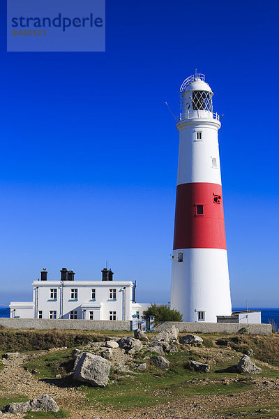 blauer Himmel  wolkenloser Himmel  wolkenlos  bauen  Europa  Großbritannien  Himmel  Küste  Meer  weiß  Natur  Leuchtturm  rot  Streifen  England  Ärmelkanal  Erbe  Weymouth