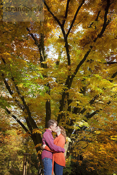 Happy young couple kissing in a park