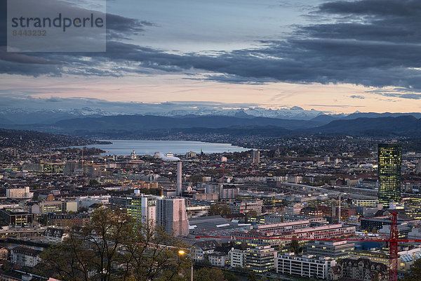 Schweiz  Kanton Zürich  Zürich  Stadtansicht auf Zürichsee und Schweizer Alpen am Abend