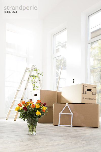 Kartons und Blumenstrauß im neuen Zuhause