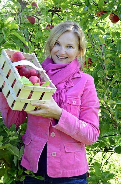 Lächelnde Frau hält einen Korb mit Äpfeln