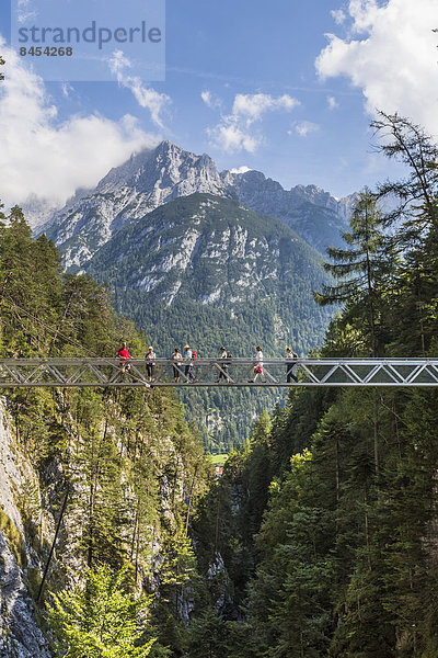 Brücke  Leutaschklamm  hinten der Karwendel  Mittenwald  Alpen  Bayern  Deutschland