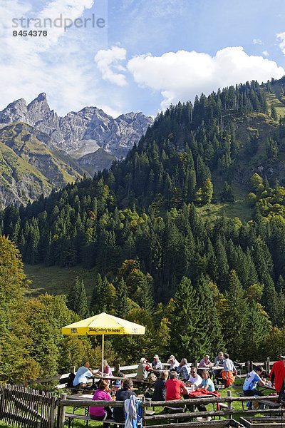 Buchenrain Alpe im Rappenalptal  hinten Mädelegabel und Hochfrottspitze  Oberstdorf  Allgäu  Schwaben  Bayern  Deutschland