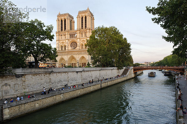 Kathedrale Notre-Dame de Paris  auf der Île de la Cité mit Seine  im letzten Abendlicht  Paris  Île-de-France  Frankreich