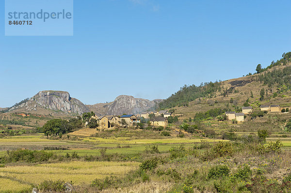 Landschaft  Dorf der Volksgruppe der Betsileo  Reisfelder in Terrassen  felsige Berge  Anja-Park bei Ambalavao  Madagaskar