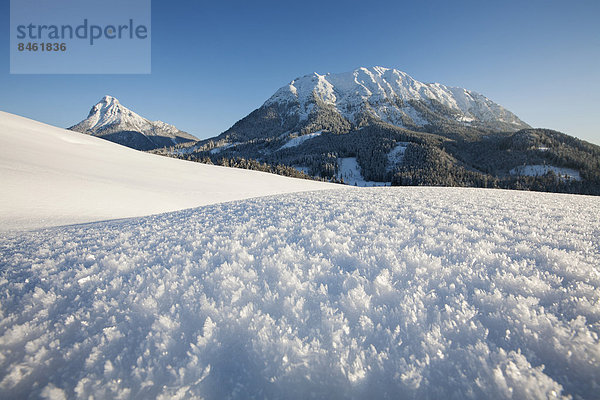 Eiskristalle in einer Winterlandschaft  hinten links der Guffert und rechts der Vorderunnütz  Achental  Achenkirch  Nordtirol  Österreich