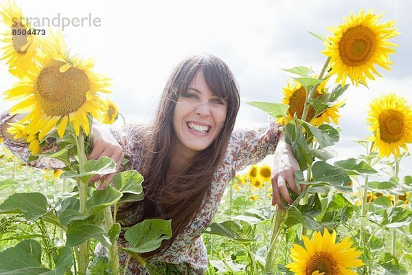 Mittlere erwachsene Frau im Feld der Sonnenblumen