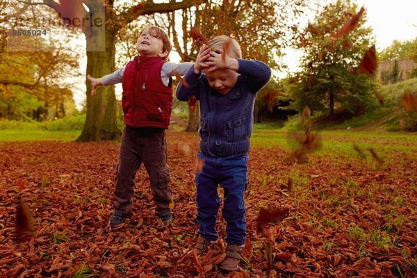 Jungen werfen Herbstlaub