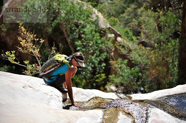 Wanderin auf Felsen kauernd  Mount Wilson  Red Rock Canyon  Nevada  USA
