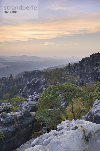 Ausblick über die Schrammsteine im Elbsandsteingebirge im Abendrot im Herbst  Sächsische Schweiz  Bad Schandau  Sachsen  Deutschland