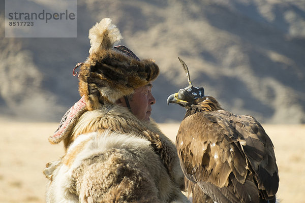 Kasachischer Adlerjäger in Wolfsfell  mit Adler mit silberverzierter Lederhaube  Adlerfest in Sagsai  Bayan-Ölgii Aimag  Mongolei