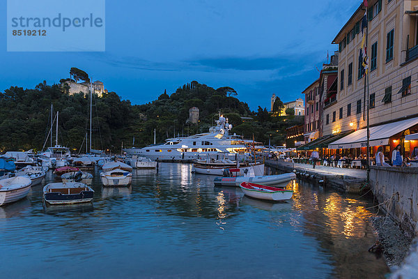 Italy  Liguria  Portofino  Boats in harbour at blue hour