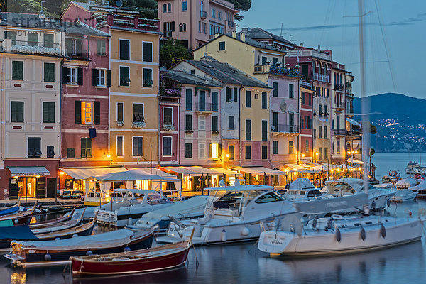 Italy  Liguria  Portofino  Boats in harbour at blue hour