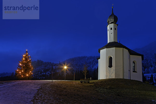 Österreich  Tirol  Schwaz  Achenkirch am Achensee  St. Anna und beleuchteter Weihnachtsbaum