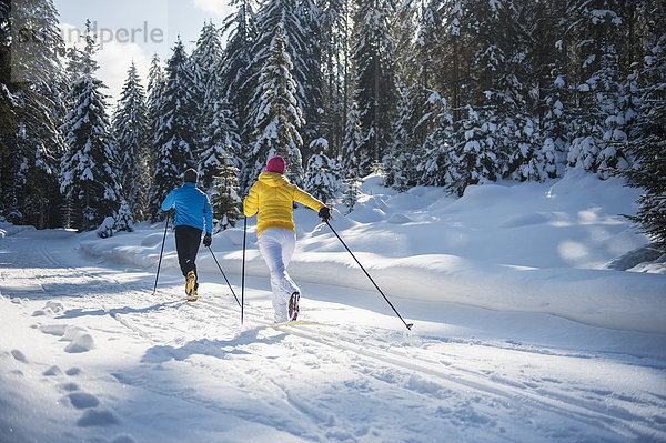 Austria  Salzburg Country  Altenmarkt-Zauchensee  Young couple cross-country skiing