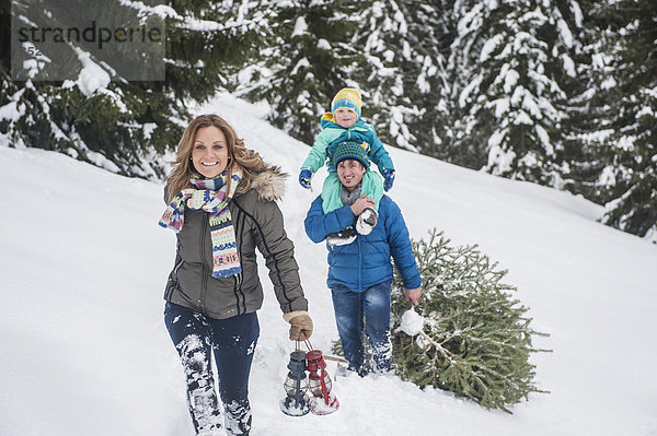 Austria  Salzburg Country  Altenmarkt-Zauchensee  Family walking in snow  carrying Christmas tree