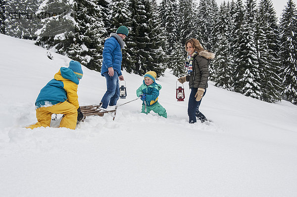 Österreich  Salzburger Land  Altenmarkt-Zauchensee  Familienwandern im Schnee  Schlittenziehen