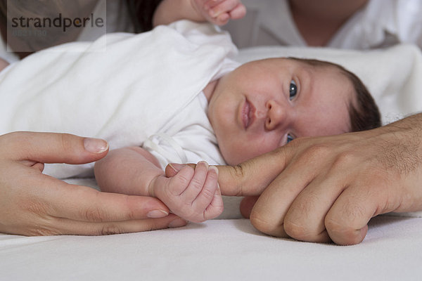 Porträt des neugeborenen Mädchens mit den Händen von Vater und Mutter