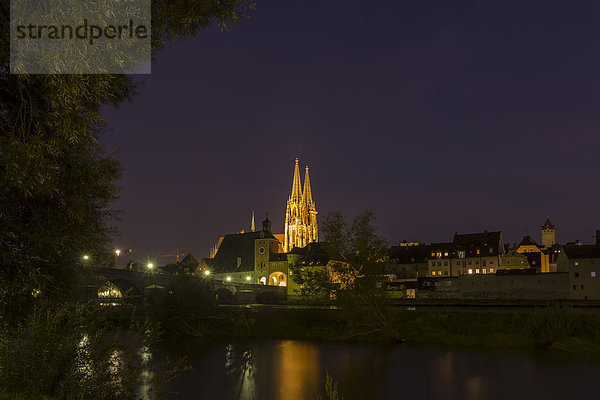 Deutschland  Baßaria  Regensburg  Petersdom und Steinbrücke bei Nacht
