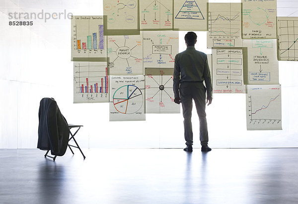 Geschäftsmann beim Betrachten von Grafiken und Diagrammen an der Glaswand im Büro