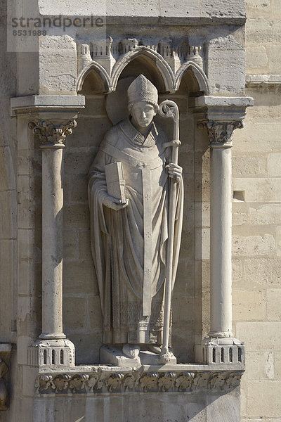 Statue eines Bischofs  Fassade der Cathédrale Notre Dame  Paris  Region Île-de-France  Frankreich