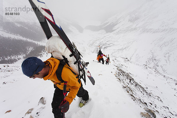 Drei Skifahrer  die auf der Wapta-Traverse  einer Skitour von Hütte zu Hütte in Alberta  Kanada  bei Nebel und Wolken einen Bergrücken erklimmen.