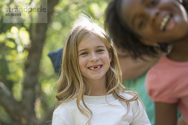 Eine Gruppe von Kindern und Erwachsenen im Schatten von Bäumen im Wald. Freunde und Familie gemeinsam im Freien.