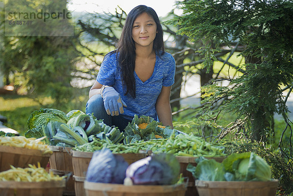 Eine junge Frau auf einem Feld  in einer Gärtnerei mit frischem Gemüse  die einen Korb mit frischen Produkten hält.