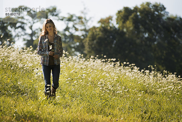 Eine junge Frau geht auf einer Wildblumenwiese spazieren.
