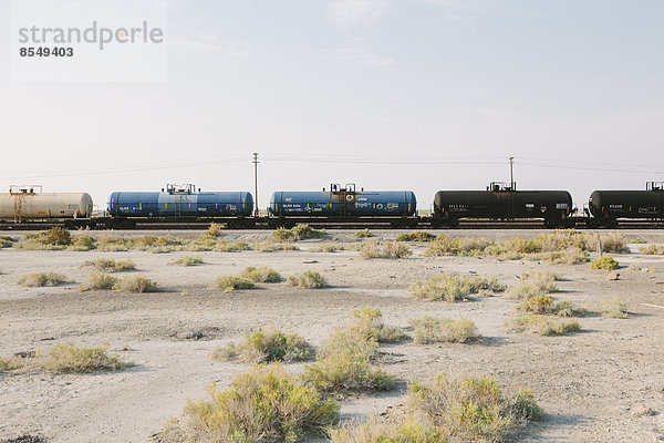 Ein Güterzug auf den Gleisen  der durch die Wüste fährt. Güterwaggons.
