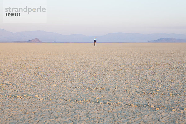 Die Figur eines Mannes in der leeren Wüstenlandschaft der Black-Rock-Wüste in Nevada.