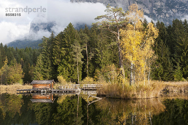 Hütte und herbstliche Bäume spiegeln sich im Völser Weiher  Naturpark Schlern-Rosengarten  Südtiroler Dolomiten  Völs am Schlern  Fiè allo Sciliar  Schlerngebiet  Südtirol  Südtirol-Trentino  Italien