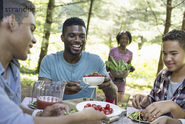 Ein Familienpicknick im Schatten hoher Bäume. Eltern und Kinder bedienen sich an frischem Obst und Gemüse.