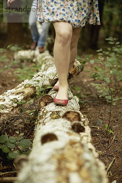 Zwei Personen gehen im Wald an einem umgefallenen Baumstamm entlang.