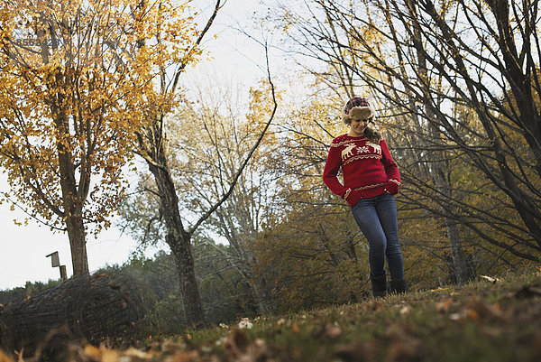 Herbstlaub an den Bäumen auf einem Bauernhof. Ein junges Mädchen in einem roten Strickpullover mit einer warmen Schottenkaro-Wollmütze.