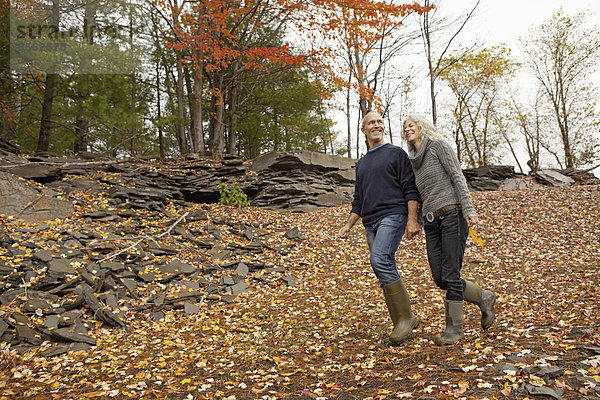 Ein Ehepaar  Mann und Frau an einem Herbsttag beim Spaziergang durchs Laub. Händchen haltend.