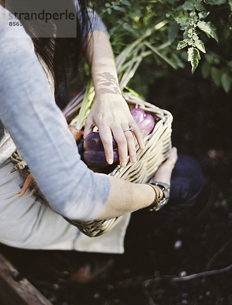 Eine junge Frau in einem Gemüsegarten  die einen Korb mit frisch geerntetem Bio-Gemüse  Paprika und einer Eierpflanze trägt.