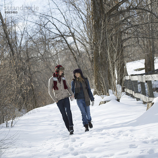 Winterlandschaft mit Schnee auf dem Boden. Ein Paar geht Hand in Hand einen Weg entlang.