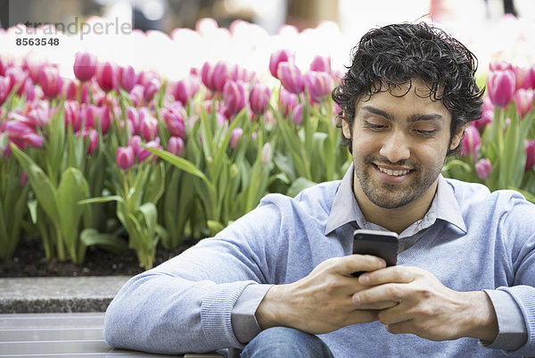 Urbaner Lebensstil. Ein Mann im Park  der sein Mobiltelefon benutzt. Ein Beet mit rosa blühenden Tulpen im Hintergrund.