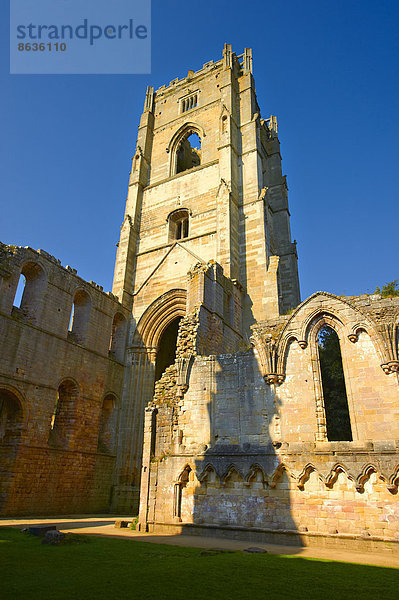 Glockenturm der Ruinen von Fountains Abbey  North Yorkshire  England  Großbritannien