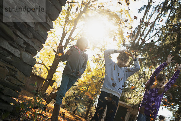 Drei Kinder in der Herbstsonne. Spielen im Freien und werfen die abgefallenen Blätter in die Luft.