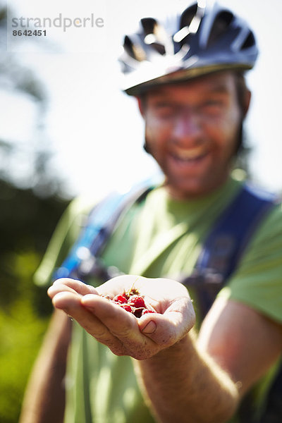 Wanderer auf dem Weg mit einheimischen Himbeeren