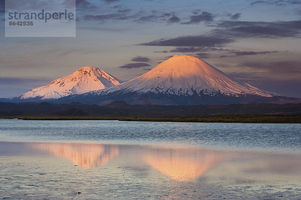 Die Payachata-Vulkane  Zwillingsvulkane  die jeweils über zwanzigtausend Meter hoch sind  beherrschen die Landschaft in den chilenischen Anden  Luaca-Nationalpark  Chile