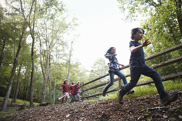 Drei Kinder spielen auf dem Bauernhof und rennen um eine Koppel mit Holzzaun.