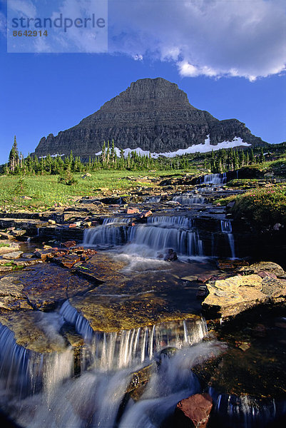 Die Landschaft des Glacier National Park  zum Gipfel des Mount Reynolds und zum Logan Pass. Wasser fließt über Felsen.